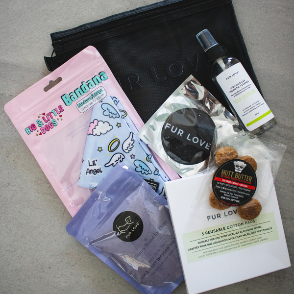 Flatlay of Fur Love Summer Set including exclusive micellar cleansing spritz, paw soak, cooling bandana, reusable cotton pads, car air freshener and peanut butter dog treats