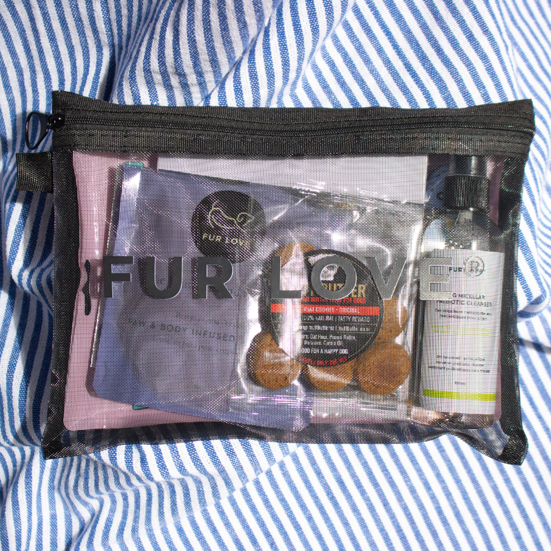 Limited edition Fur Love Summer Set packed inside branded Fur Love bag featuring dog summer grooming and cooling essentials